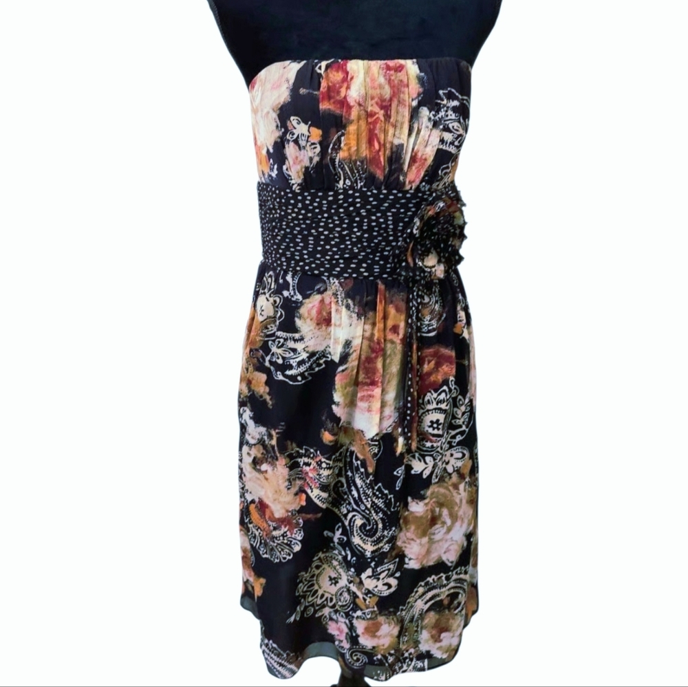 Silk Strapless Designer Dress 6 black floral Summer Wedding Guest Suzi Chin
